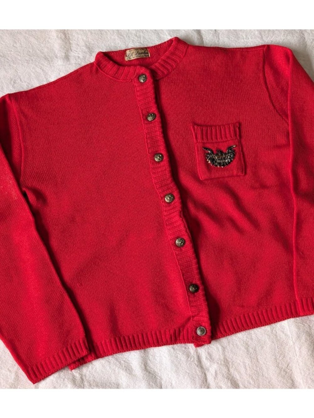 Vintage 50s Le Roy Knitwear Lil Lambee Women's SM Red Virgin Wool Cardigan USA